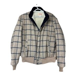 VTG Wool Sherpa Lined Bomber Jacket XL Tall Beige Navy Windowpane Check Preppy